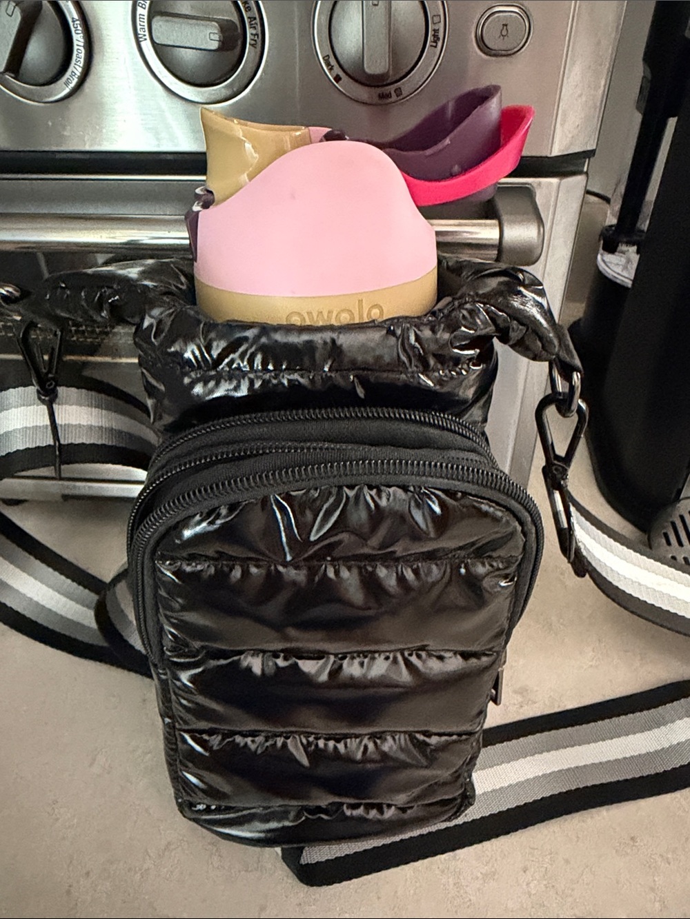 Black Quilted Puffer Belt Water Bottle Bag with Striped Adjustable Strap - Picture 6 of 6